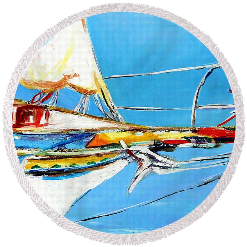 Boats Round Beach Towel featuring the painting Anchored 2 by Marti Green
