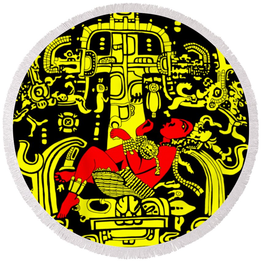 Ancient Round Beach Towel featuring the digital art Ancient Astronaut Yellow and Red version by Piotr Dulski