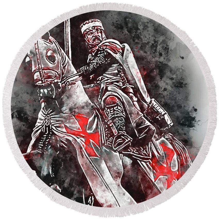 Ancient Templar Round Beach Towel featuring the painting Ancient Templar Knight - Watercolor 02 by AM FineArtPrints