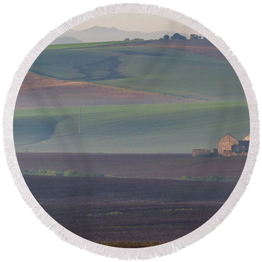 Landscape Round Beach Towel featuring the photograph Andalusian Fields in Morning Mists by Heiko Koehrer-Wagner