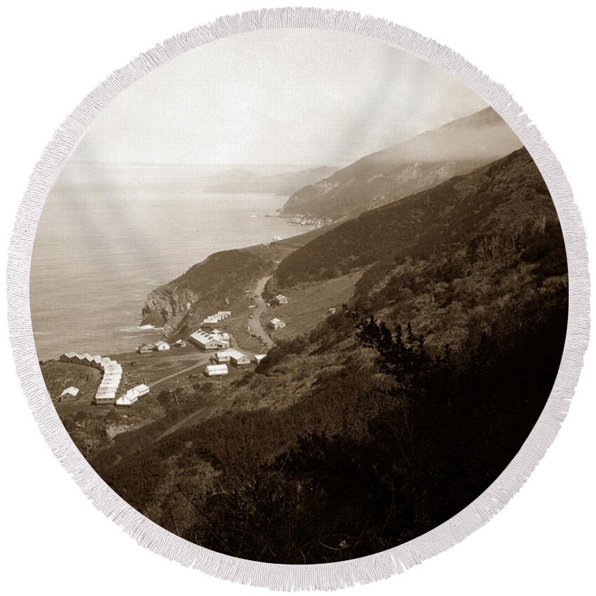 Anderson Creek Round Beach Towel featuring the photograph Anderson Creek Labor Camp Big Sur April 3 1931 by Monterey County Historical Society