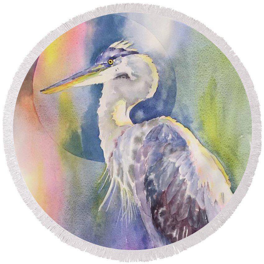 Great Blue Heron Round Beach Towel featuring the painting Angel Heron by Tara Moorman