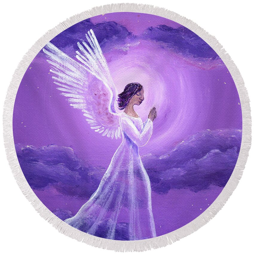Original Round Beach Towel featuring the painting Angel in Amethyst Moonlight by Laura Iverson