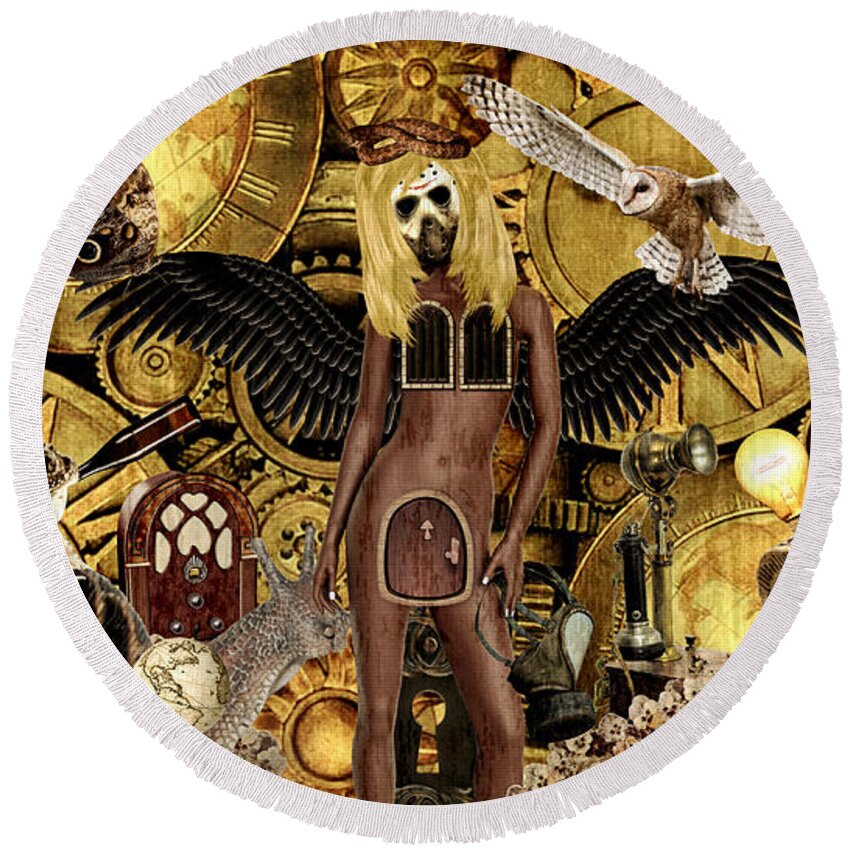 Steampunk Round Beach Towel featuring the mixed media Angel In Disguise by Ally White