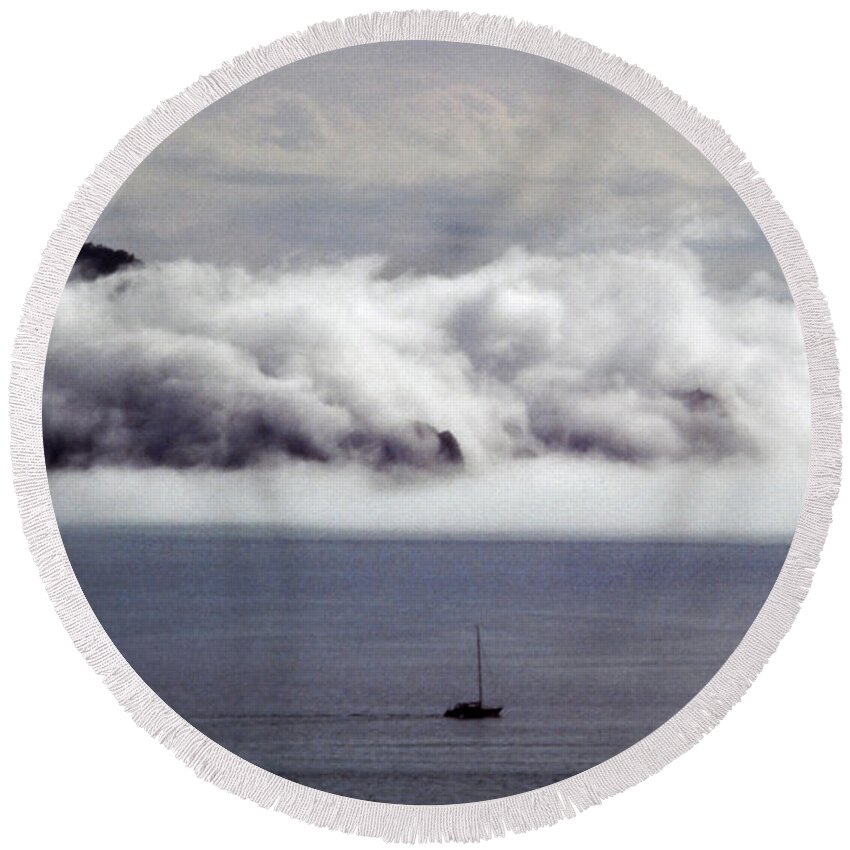 Frank Dimarco Round Beach Towel featuring the photograph Angel Island Fog by Frank DiMarco