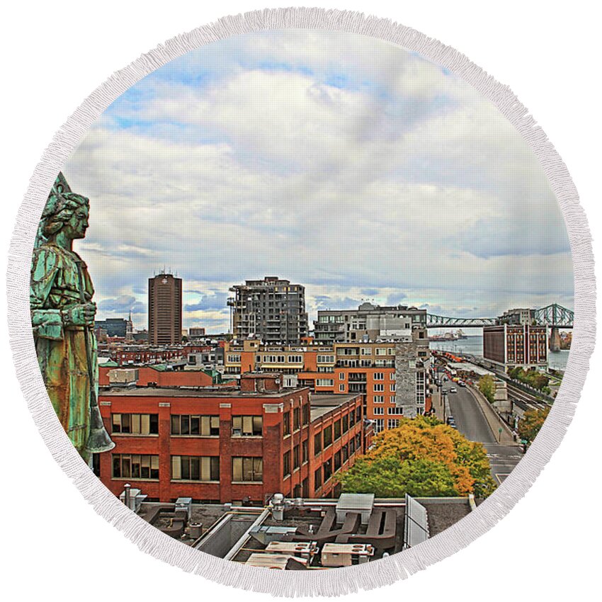 Angel Statue Round Beach Towel featuring the photograph Angel of Old Montreal by Alice Gipson