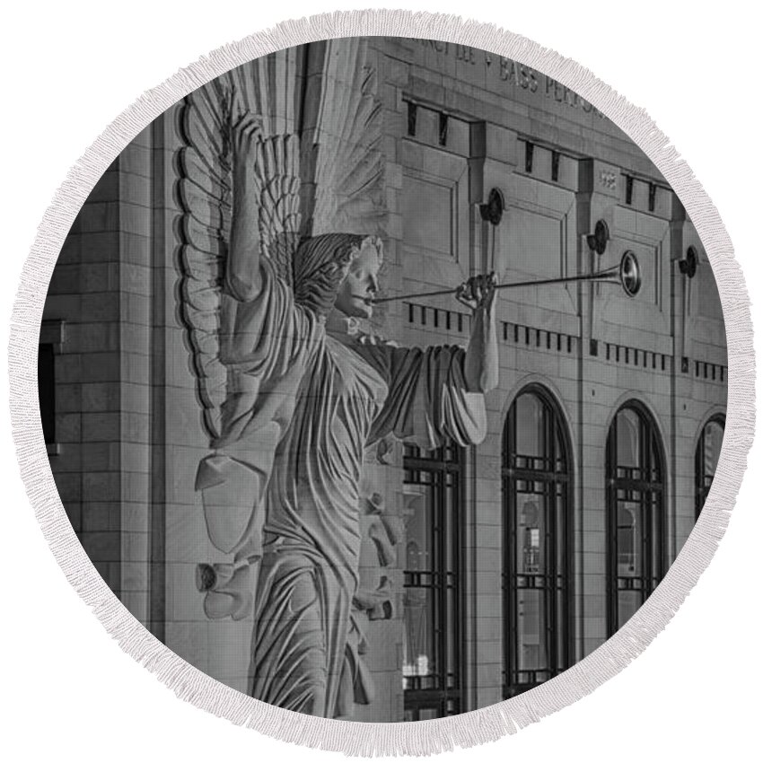 Bass Performance Hall Round Beach Towel featuring the photograph Angelic Herald - Bass Hall by Stephen Stookey