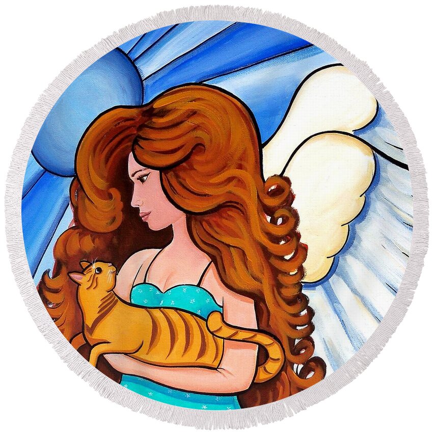 Angel Round Beach Towel featuring the painting Angels Arms - cat angel portrait by Debbie Criswell