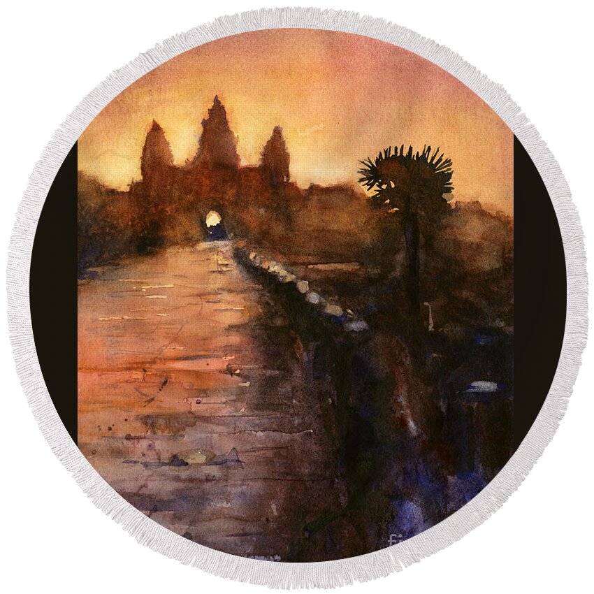 Angkor Wat Round Beach Towel featuring the painting Angkor Wat Sunrise 2 by Ryan Fox