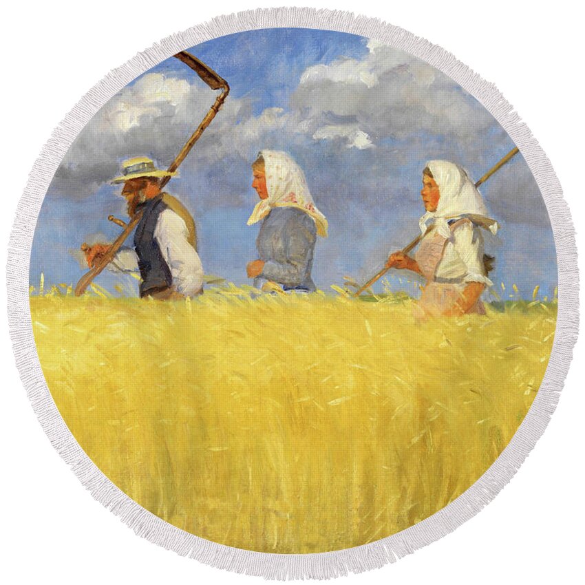 Anna Ancher Round Beach Towel featuring the painting Anna Ancher Harvesters 1905 by Movie Poster Prints