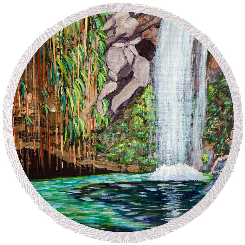 Annandale Waterfall Round Beach Towel featuring the painting Annandale Waterfall by Laura Forde