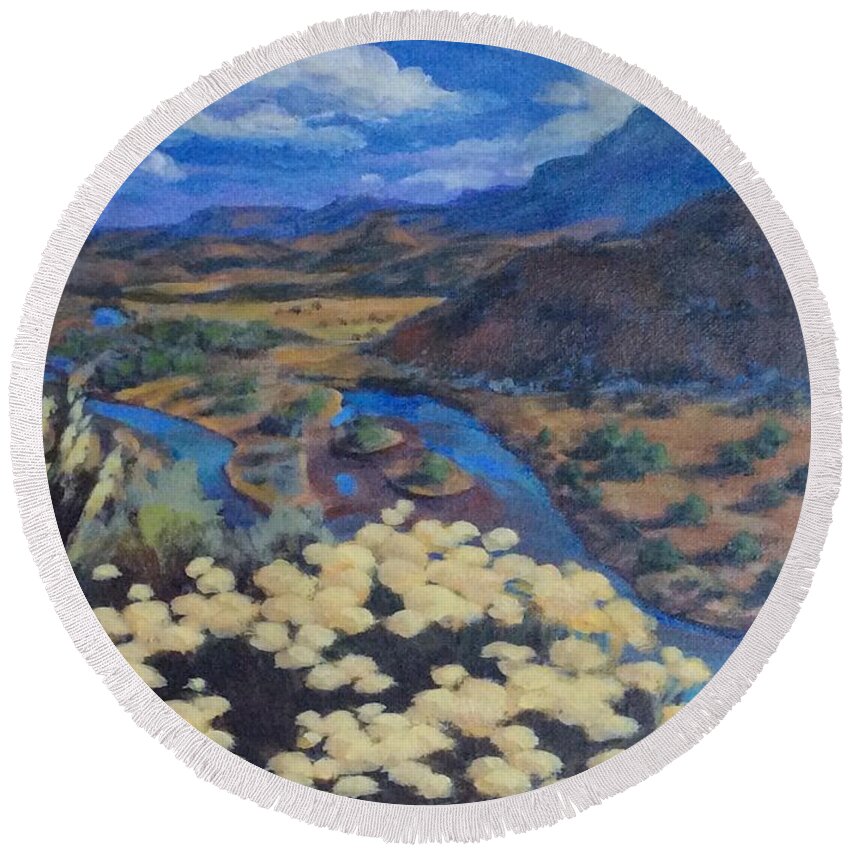 Landscape Round Beach Towel featuring the painting Another day above Rio Chama by Sharon Cromwell