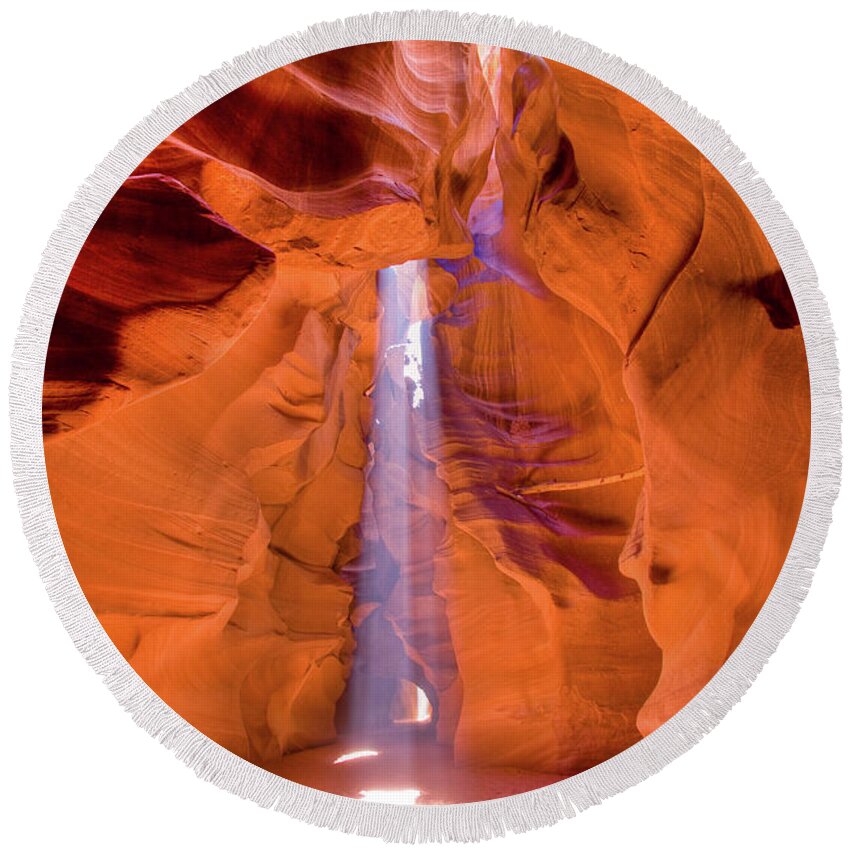 Antelope Canyon Round Beach Towel featuring the photograph Antelope Canyon light shafts by Greg Smith