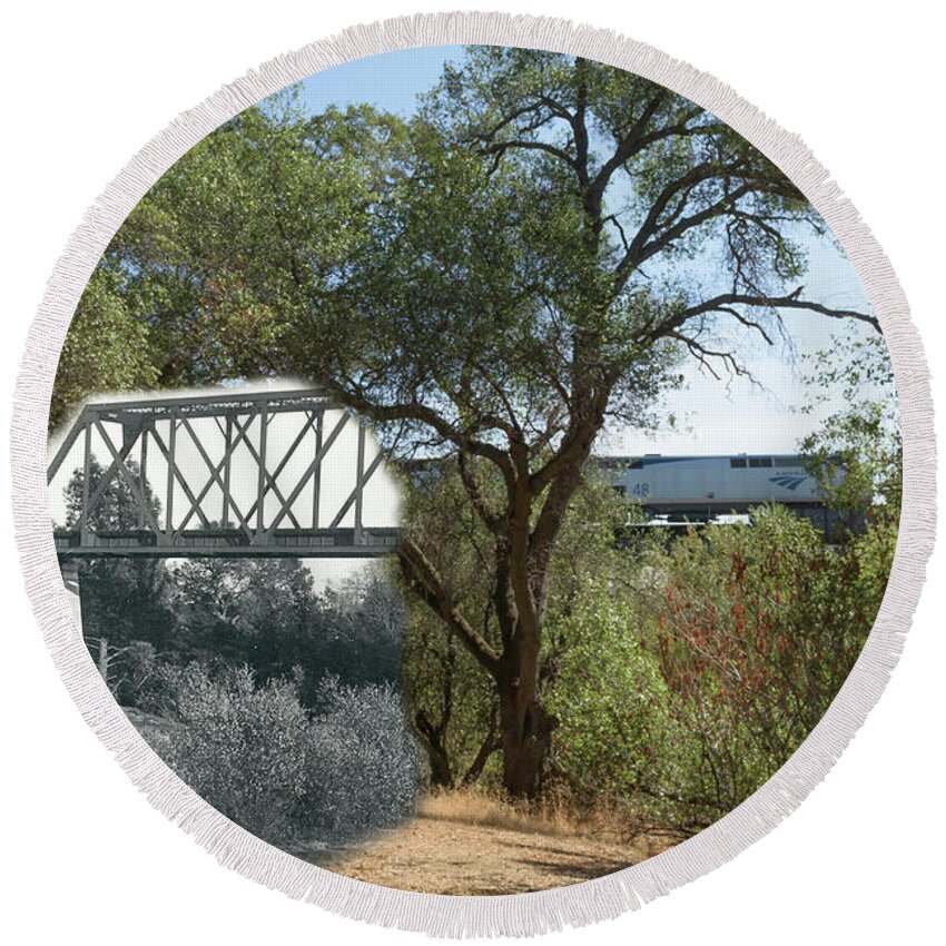 Amtrak Round Beach Towel featuring the photograph Antelope Creek Railroad Bridge - then and now by Jim Thompson