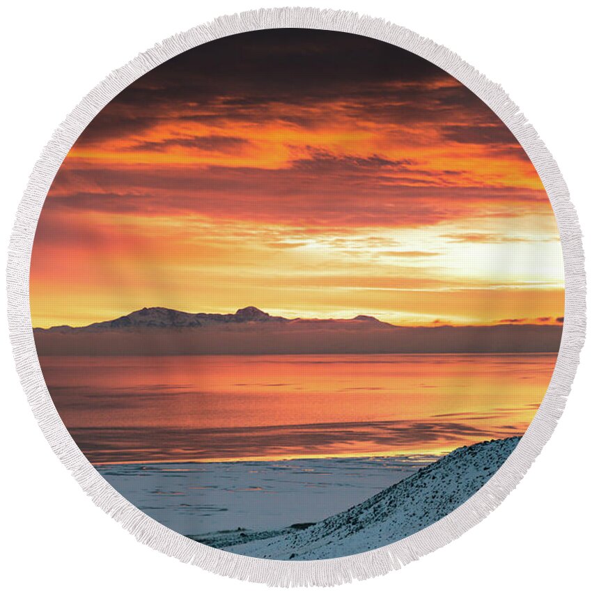 Antelope Island Round Beach Towel featuring the photograph Antelope Island sunset by Bryan Carter