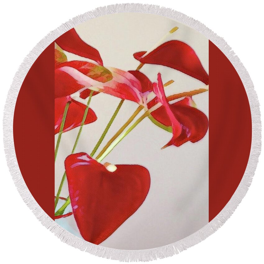 #flowersofaloha #flowers #flowerpower Round Beach Towel featuring the photograph Anthurium Fragments in Red by Joalene Young