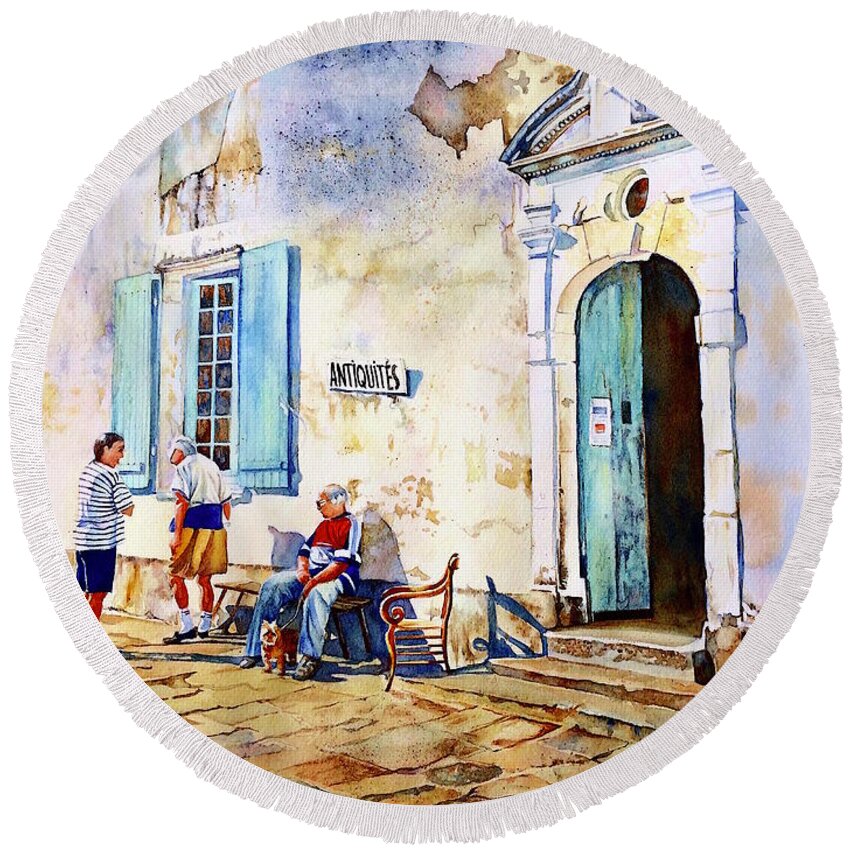 Watercolor Round Beach Towel featuring the painting Antiquaire by Francoise Chauray