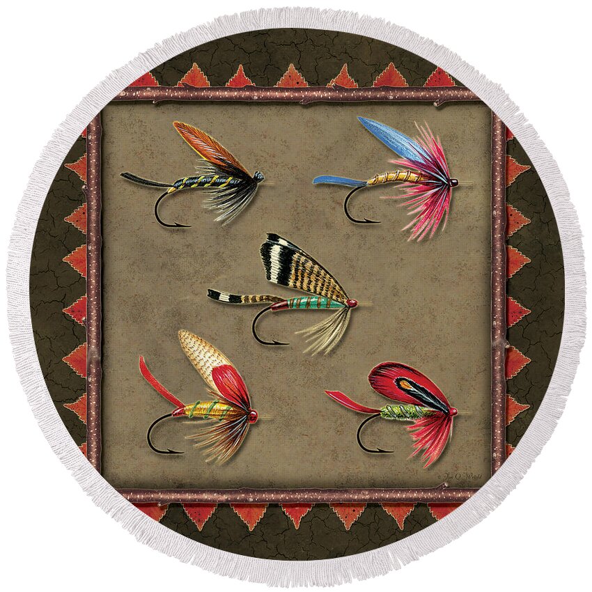 Jon Q Wright Jq Licensing Trout Fly Flyfishing Brown Trout Rainbow Trout Brook Trout Cutthroat Trout Fishing Lodge Cabin Round Beach Towel featuring the painting Antique Fly Panel by JQ Licensing