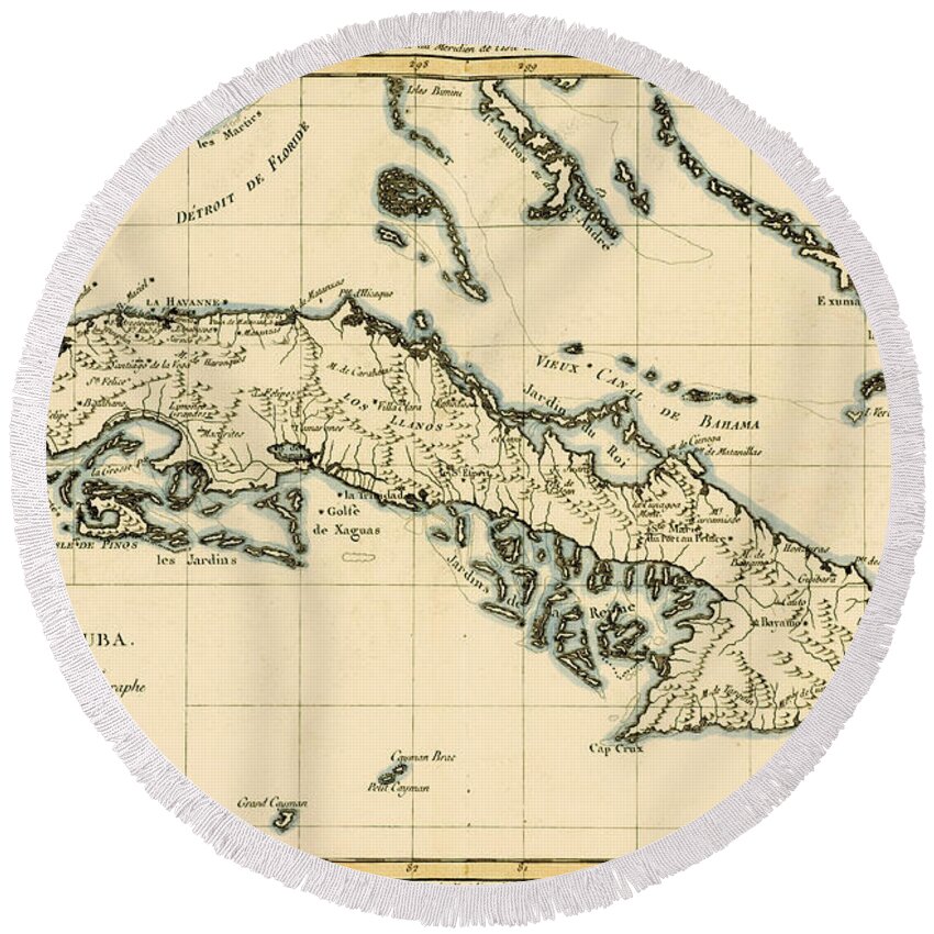 Maps Round Beach Towel featuring the drawing Antique Map of Cuba by Guillaume Raynal