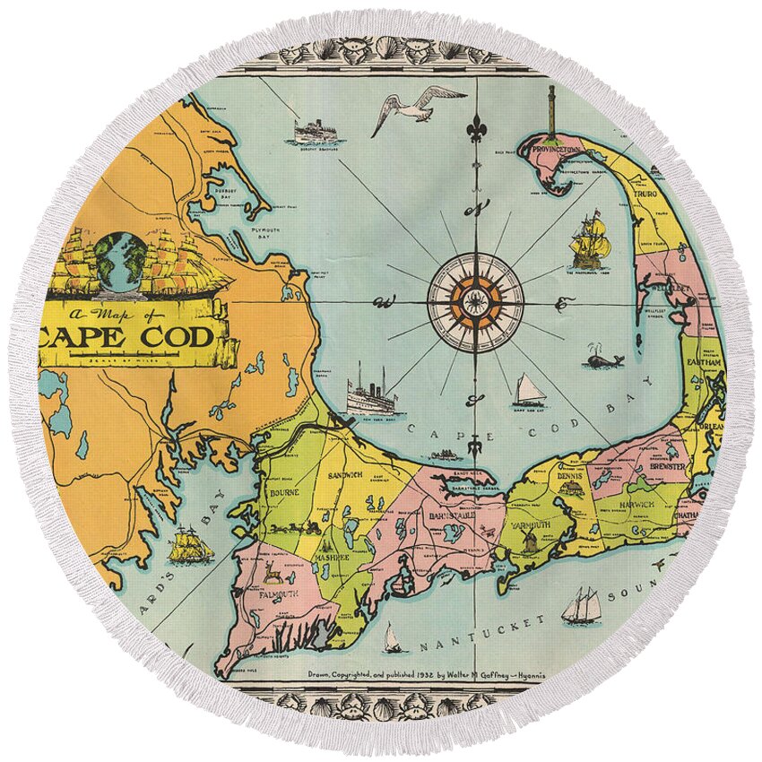 Antique Map Of Cape Cod Round Beach Towel featuring the drawing Antique Maps - Old Cartographic maps - Antique Map of Cape Cod, Massachusetts, 1932 by Studio Grafiikka