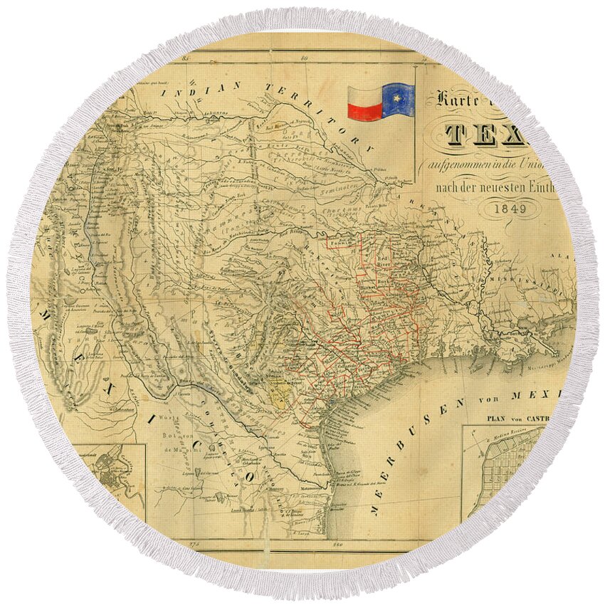 Antique Texas Map Round Beach Towel featuring the drawing Antique Maps - Old Cartographic maps - Antique Map of Texas, 1849 by Studio Grafiikka