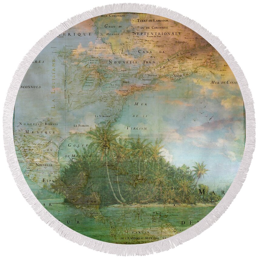 American Round Beach Towel featuring the photograph Antique Vintage Map of North America Tropical Ocean by Debra and Dave Vanderlaan