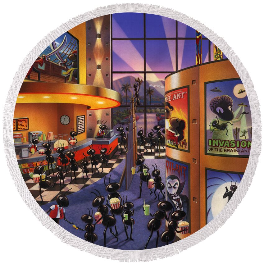 Ants. Ant Farm Characters Round Beach Towel featuring the painting Ants at the Movie Theatre by Robin Moline