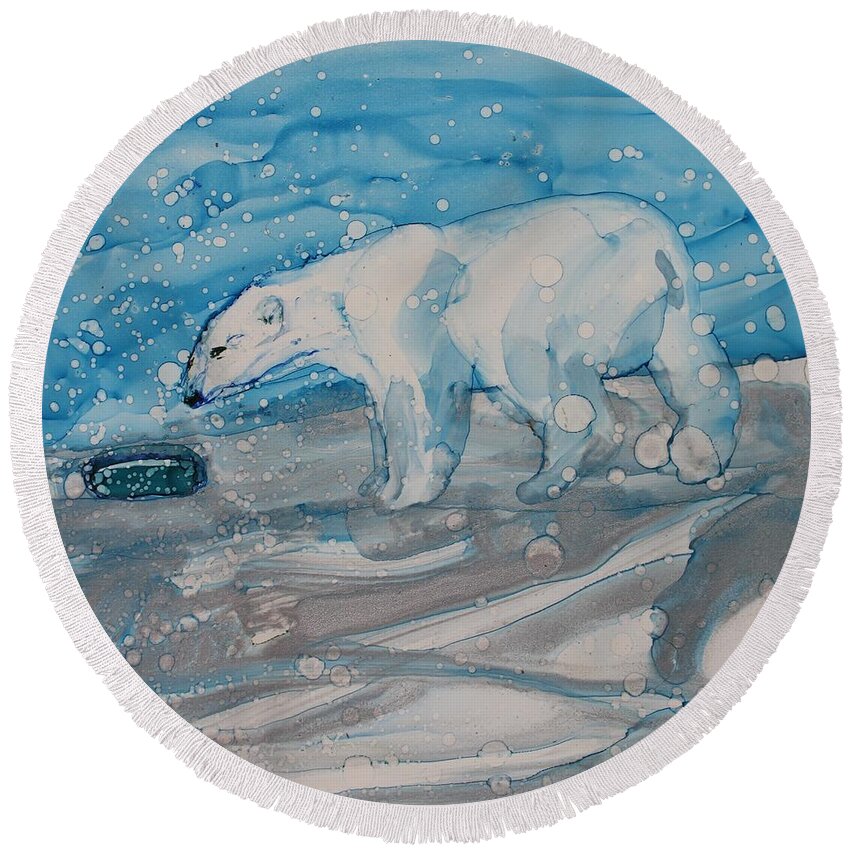 Polar Bear Round Beach Towel featuring the painting Anybody Home? by Ruth Kamenev