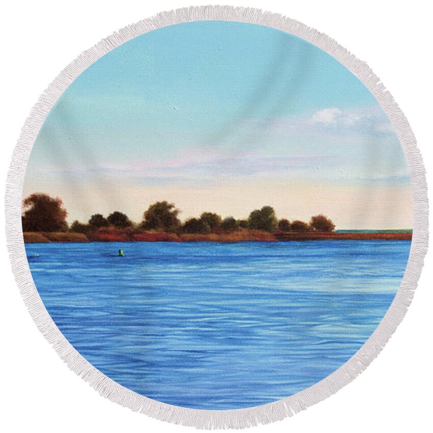 Gulf Of Mexico Round Beach Towel featuring the painting Apalachicola Bay Autumn Morning by Paul Gaj