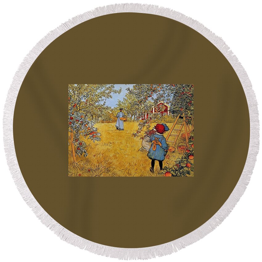 Carl Larsson Apple Orchard Round Beach Towel featuring the painting Apple by MotionAge Designs