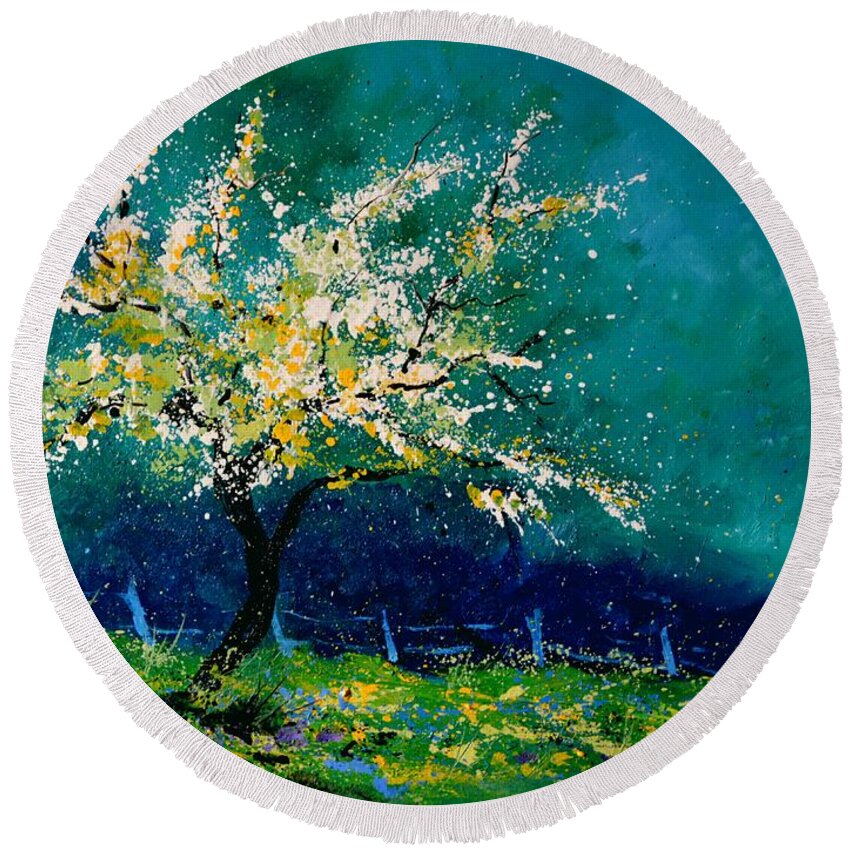 Landscape Round Beach Towel featuring the painting Appletree In Blossom by Pol Ledent