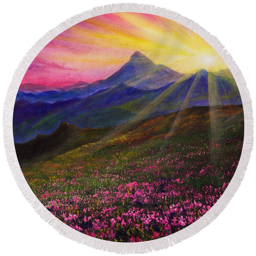 April Round Beach Towel featuring the painting April Sunset by Chris Steele