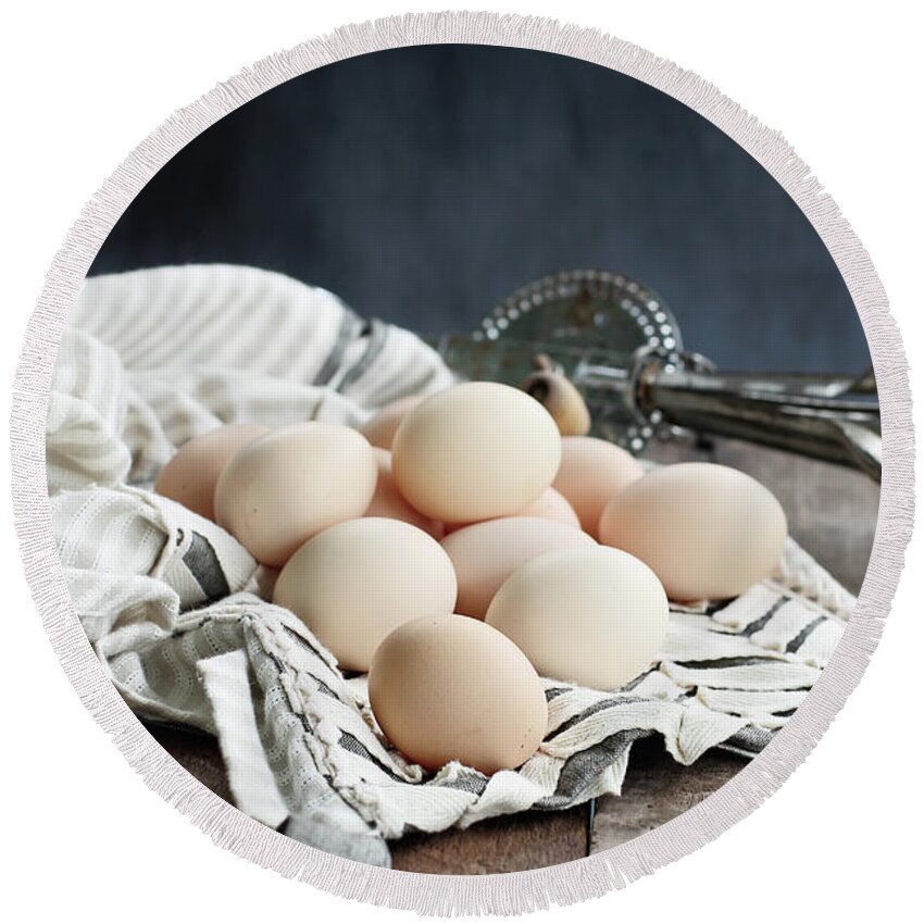 Eggs Round Beach Towel featuring the photograph Apron and Eggs by Stephanie Frey