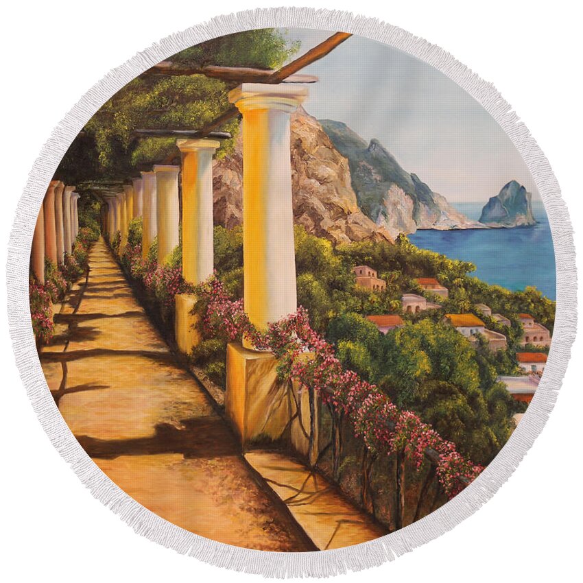 Italy Paintings Round Beach Towel featuring the painting Arbor Walk in Capri by Charlotte Blanchard