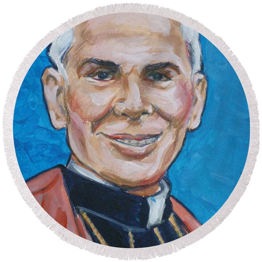 Archbishop Round Beach Towel featuring the painting Archbishop Fulton J. Sheen by Bryan Bustard