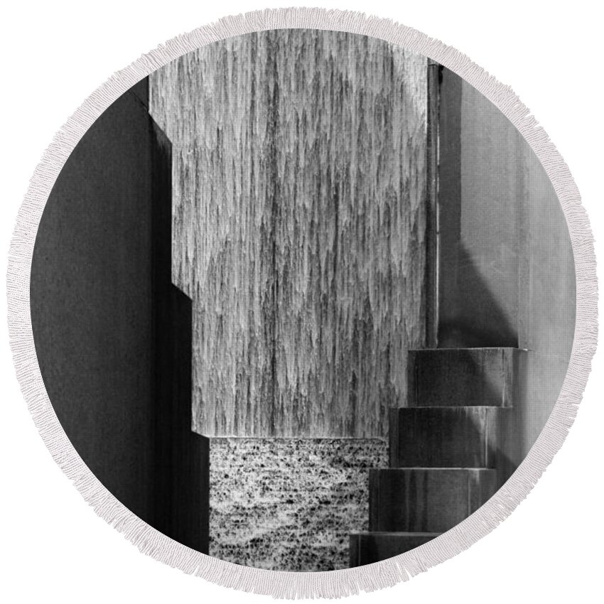 Houstonian Round Beach Towel featuring the photograph Architectural Waterfall in Black and White by Angela Rath