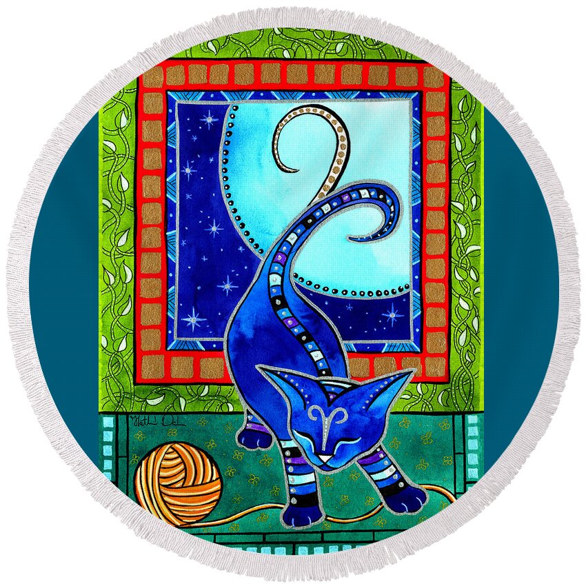 Cat Round Beach Towel featuring the painting Aries Cat Zodiac by Dora Hathazi Mendes