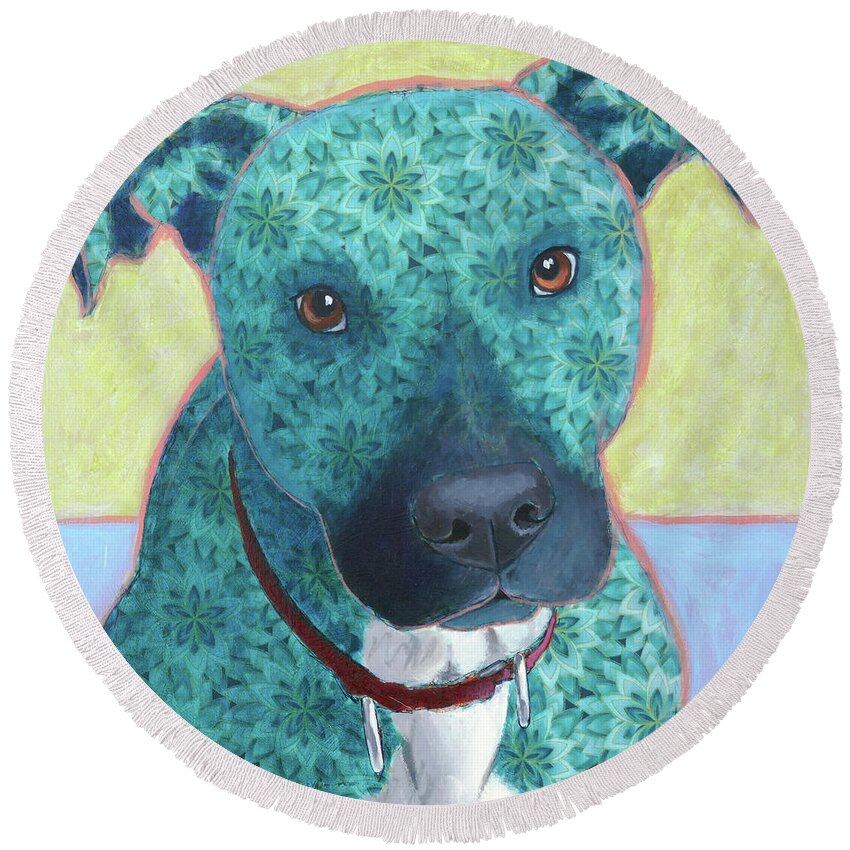 Pit Bull Round Beach Towel featuring the painting Aries in Aquamarine by Ande Hall