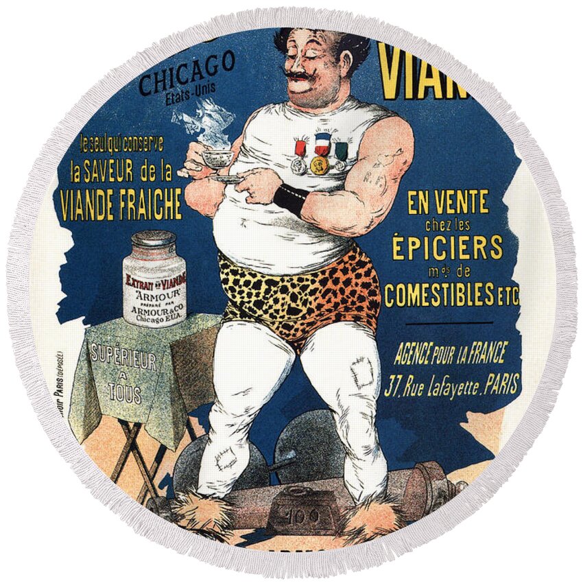 Vintage Round Beach Towel featuring the mixed media Armour and co Mean Extract - Body Builder - French Vintage Advertising Poster by Studio Grafiikka