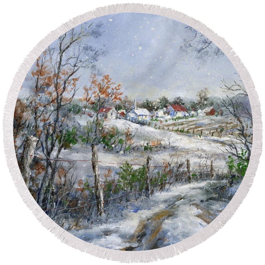 Snowfall Round Beach Towel featuring the painting Around the Bend SOLD by Virginia Potter