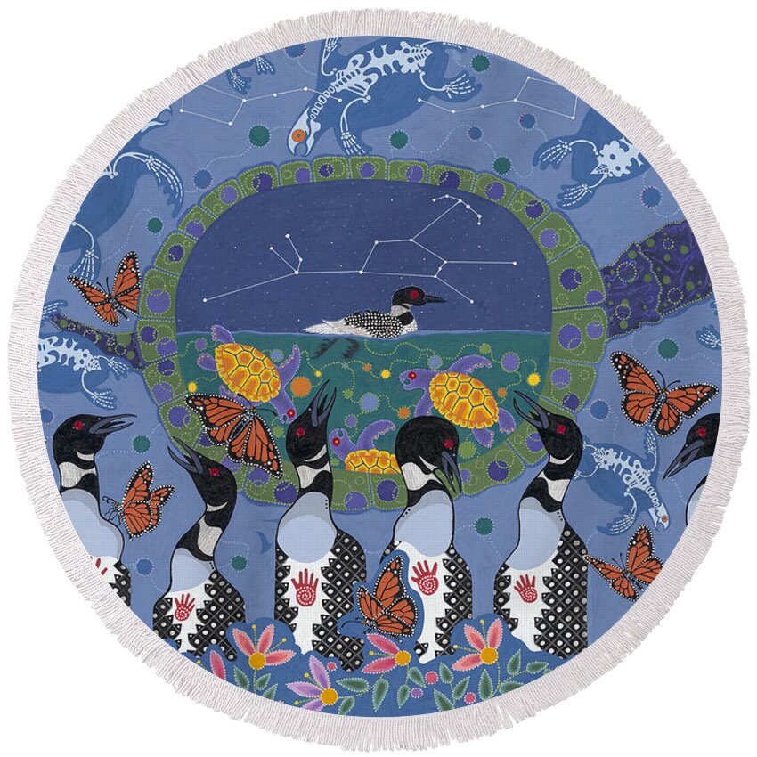 Native American Painting Round Beach Towel featuring the painting Arrival of Wintermaker by Chholing Taha