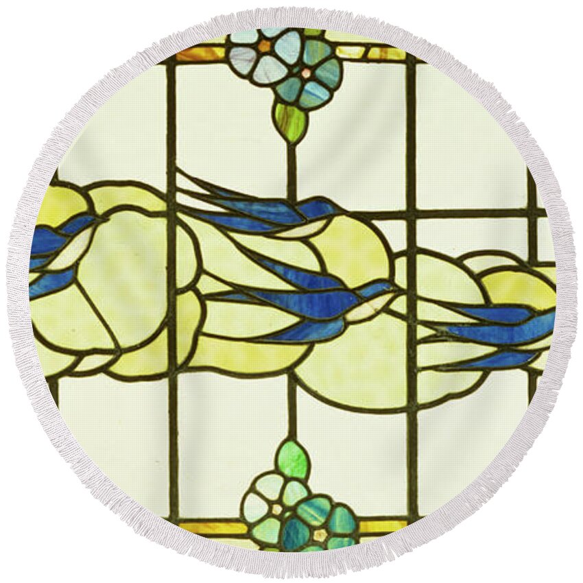 Stained Glass Round Beach Towel featuring the glass art Arts and Crafts panel of a group of swallows before clouds in a border of flowers by English School