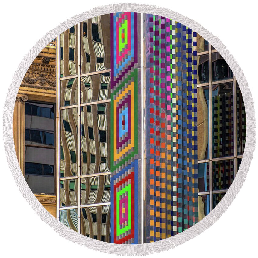 Building Reflection Round Beach Towel featuring the pyrography Artwork and reflections on the Chase Building on Michigan Ave by Judith Barath