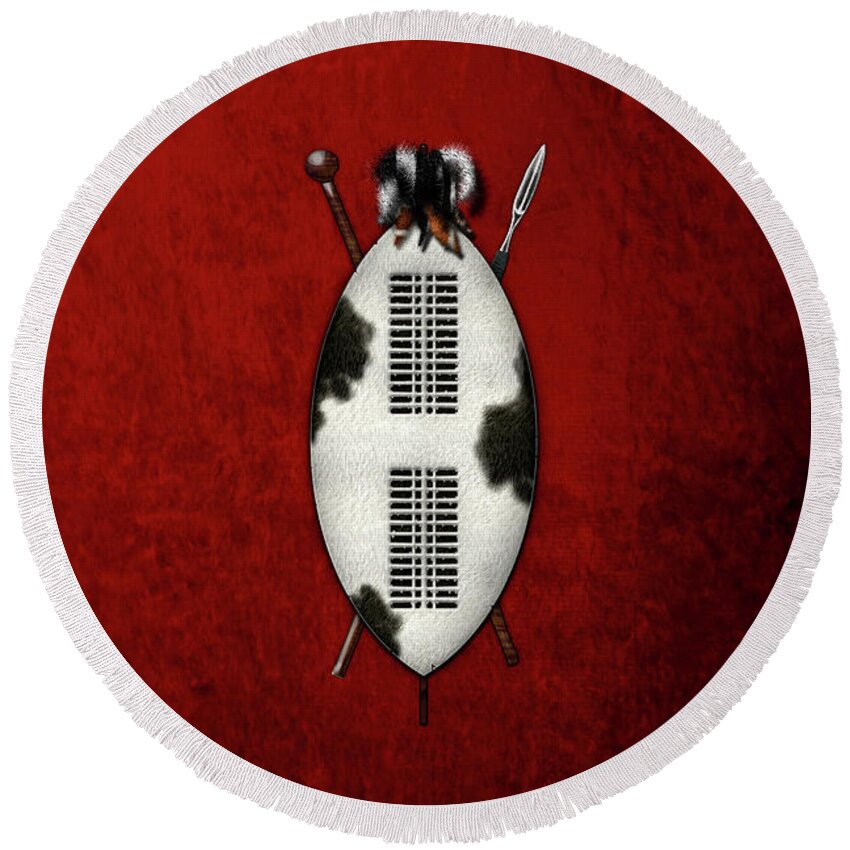 'war Shields' Collection By Serge Averbukh Round Beach Towel featuring the digital art Zulu War Shield with Spear and Club on Red Velvet by Serge Averbukh
