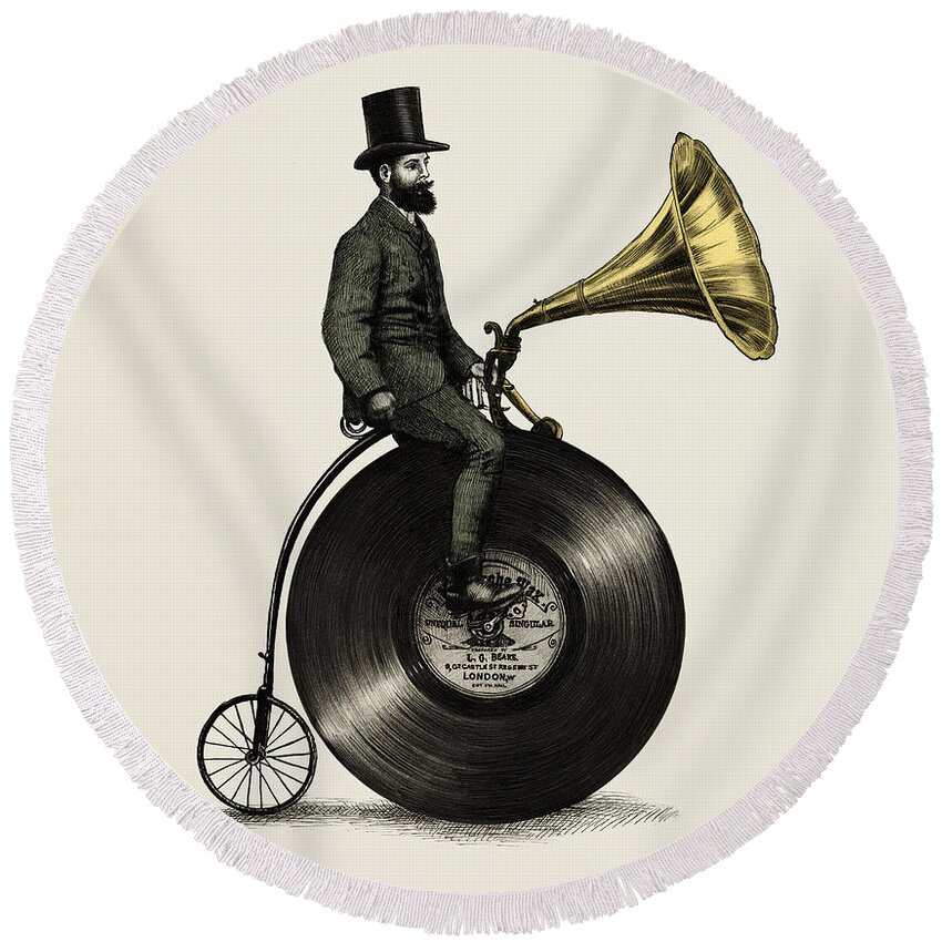 Music Vintage Vinyl Record Victorian Top Hat Gramophone Victrola Nostalgic Cycling Penny Farthing Moustache Round Beach Towel featuring the drawing Music Man by Eric Fan