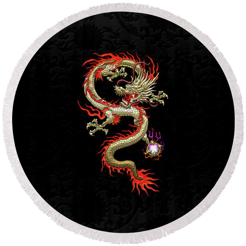 'treasures Of China' Collection By Serge Averbukh Round Beach Towel featuring the digital art Golden Chinese Dragon Fucanglong on Black Silk by Serge Averbukh