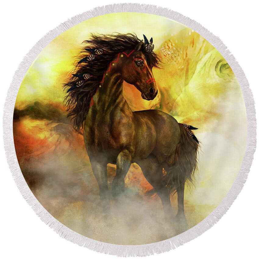 Chitto Spirit Horse Round Beach Towel featuring the painting Chitto Spirit Horse by Shanina Conway