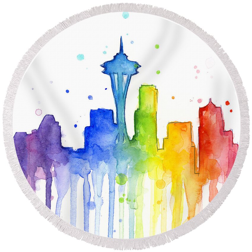 Watercolor Round Beach Towel featuring the painting Seattle Rainbow Watercolor by Olga Shvartsur