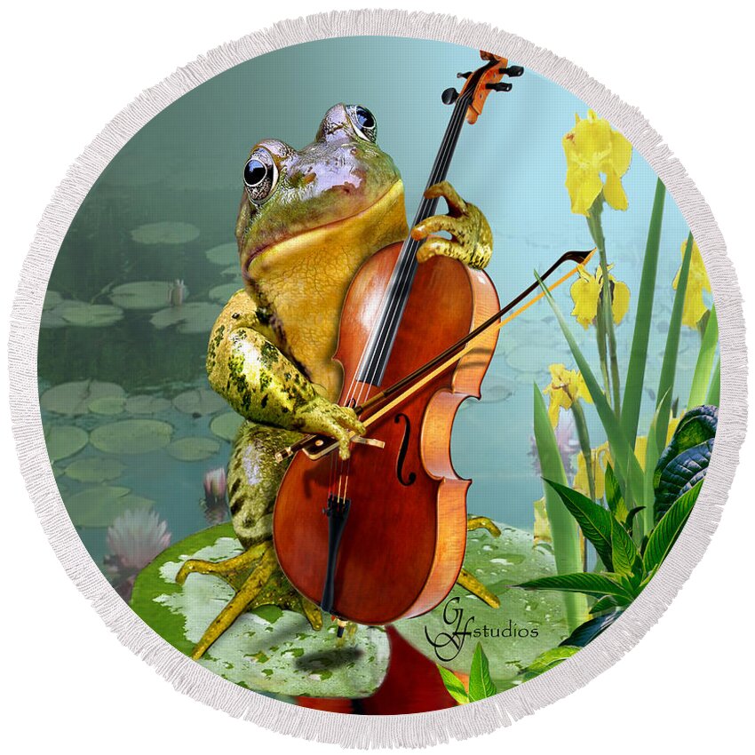 Humorous Scene Frog Playing Cello In Lily Pond Round Beach Towel featuring the painting Humorous scene frog playing cello in lily pond by Regina Femrite