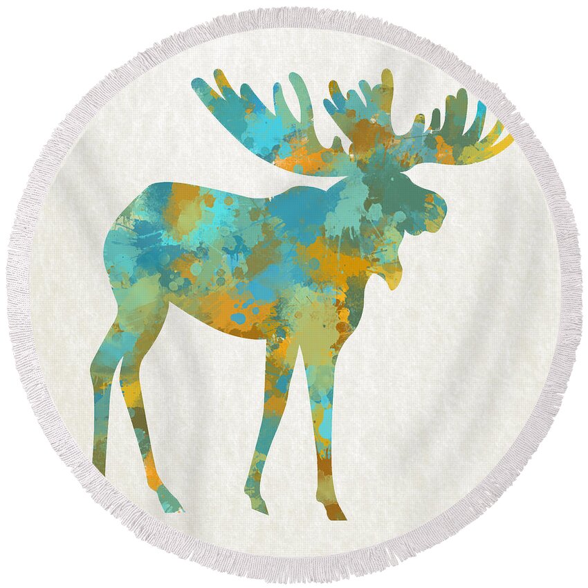 Moose Round Beach Towel featuring the mixed media Moose Watercolor Art by Christina Rollo